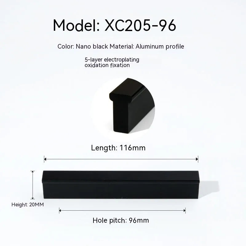 Aluminium alloy one-word cabinet door handle in nano black anodic oxidation finish with visible screw holes