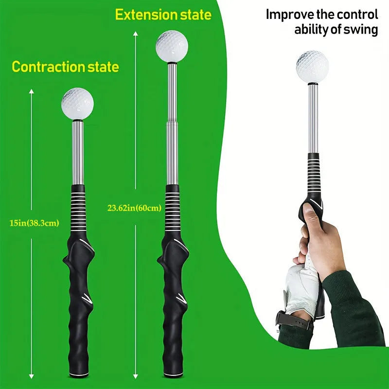 Telescopic golf swing simulator in stainless steel construction showing adjustable design