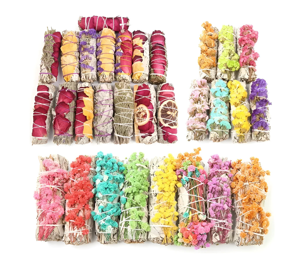 White sage and red rose petal incense bundle for fresh air with colourful dried botanicals