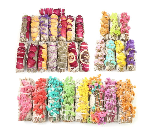 White sage and red rose petal incense bundle for fresh air with colourful dried botanicals