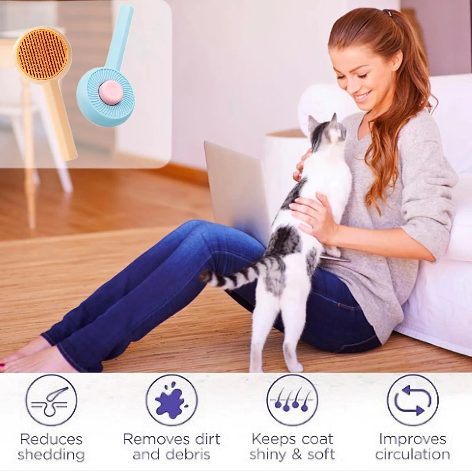 Blue pet grooming brush with angled metal needles and self-cleaning button on handle