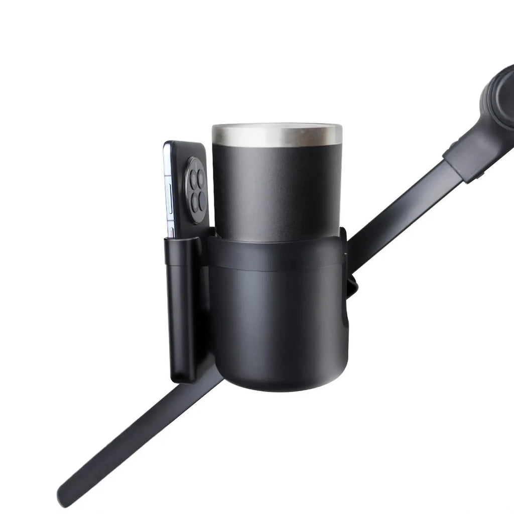 2-in-1 baby stroller cup holder in black, made of silicone and ABS, clipped onto pushchair handlebar