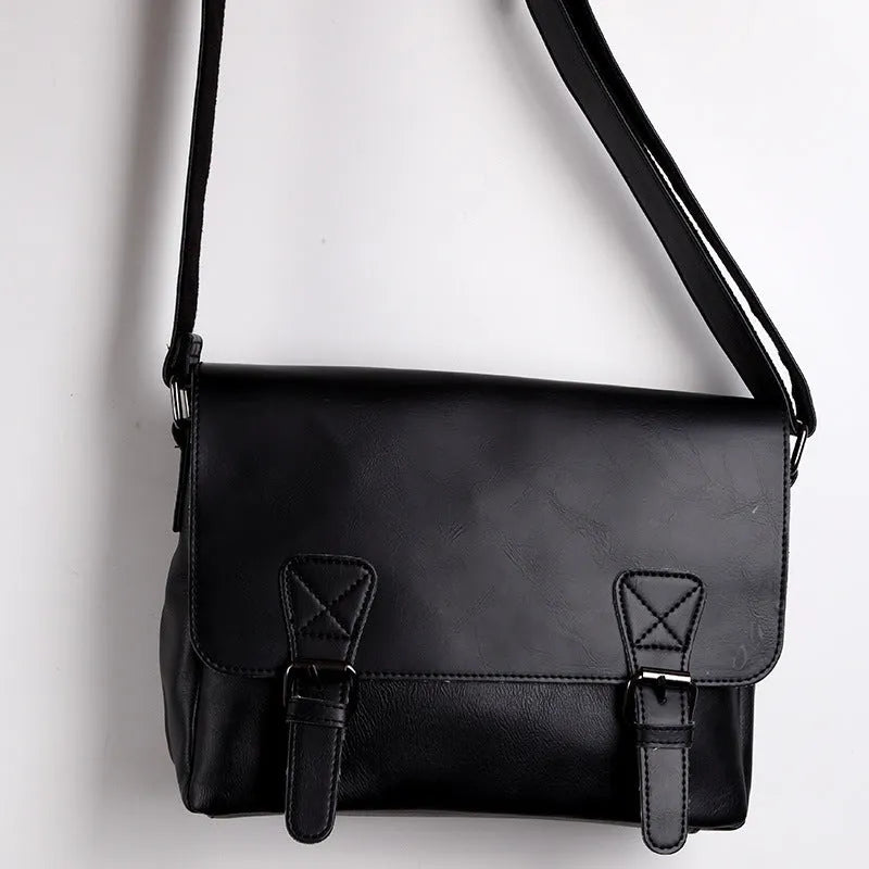Men's PU leather vintage one-shoulder satchel with plaid pattern, black and brown options, 28x33x8cm