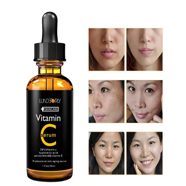 Vitamin C serum set with two 30ml bottles and a white facial beauty device on a clean surface