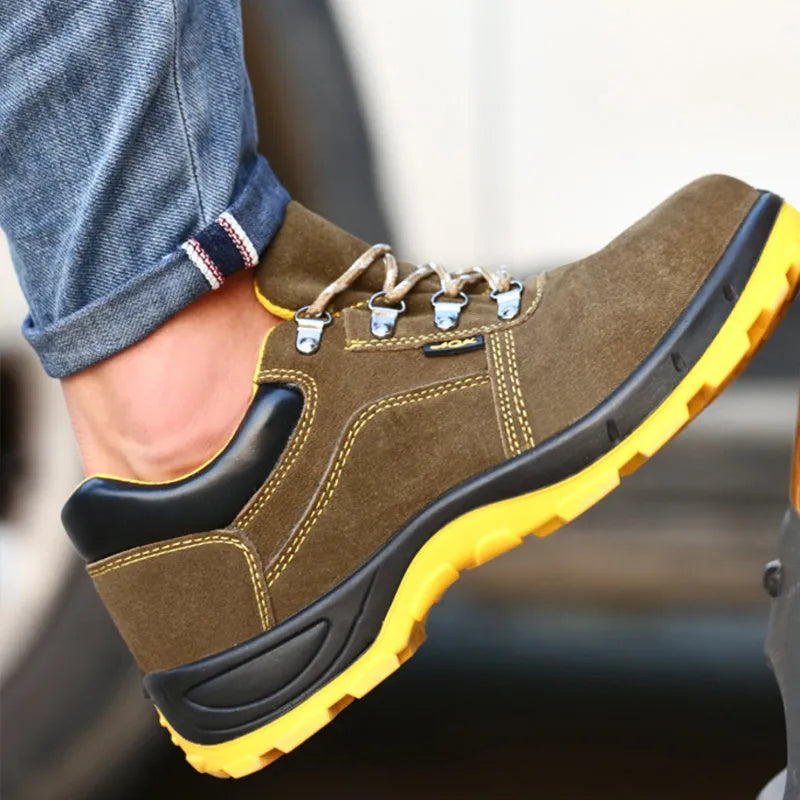 Bronze cow suede steel toe safety shoes with anti-skid sole, low-cut design