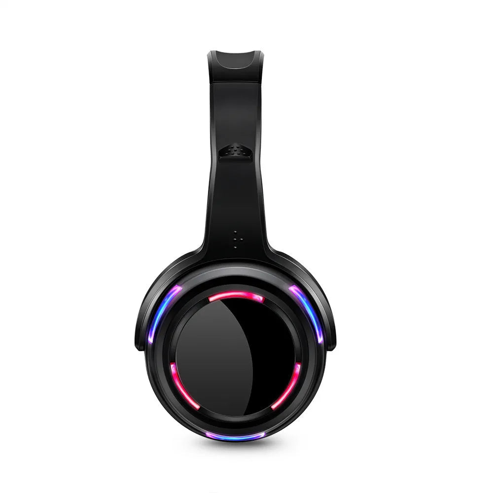 Black silent disco wireless headphones showing head-mounted design and 3.5mm plug.