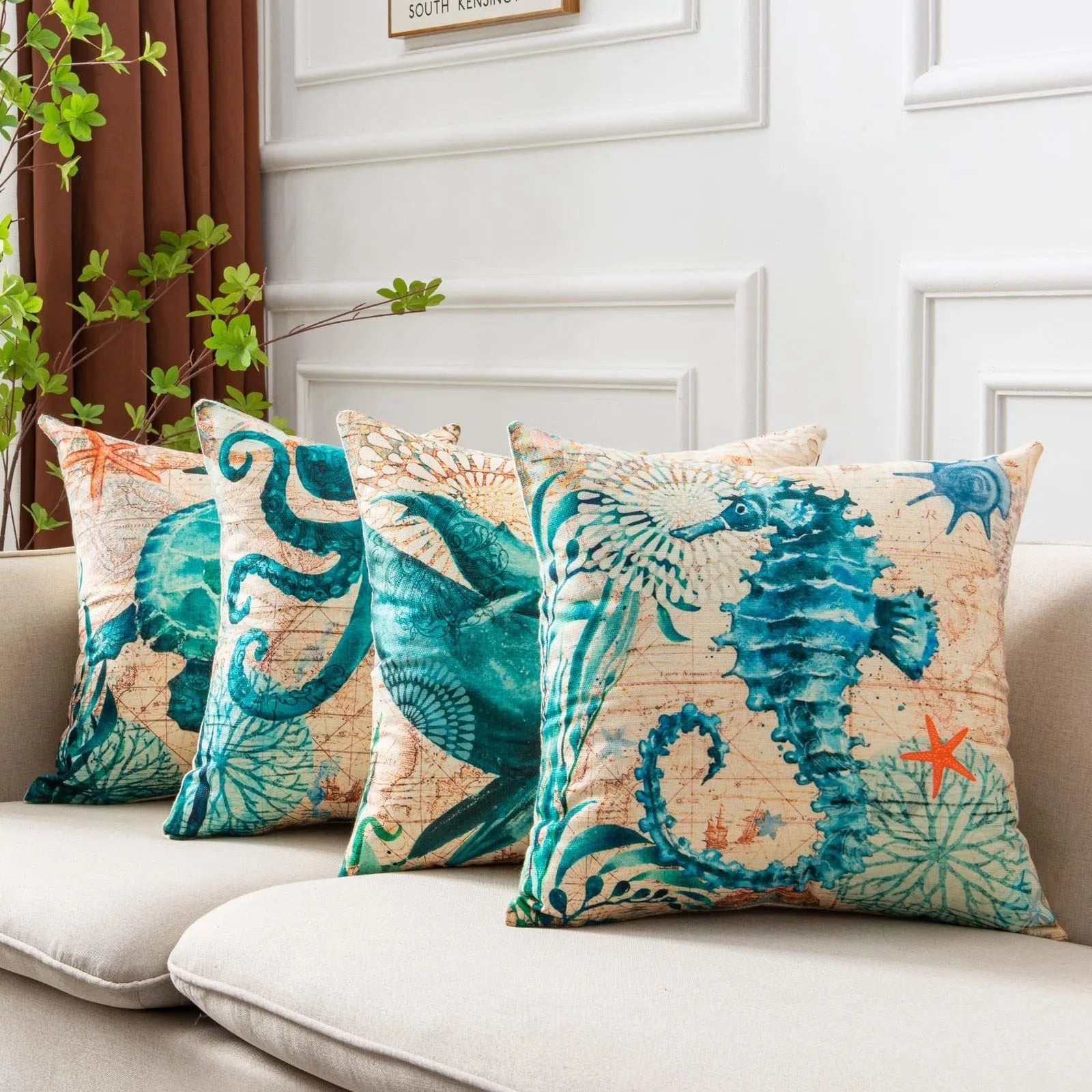 Square linen cushion cover with a detailed blue and green sea turtle print, showing the invisible zipper closure.