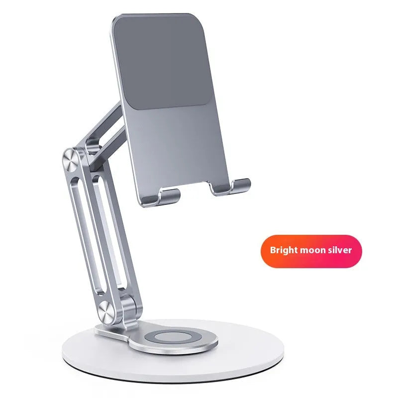 Compact 360-degree rotating mobile phone and tablet stand in metal and silicone, bright moon silver colour