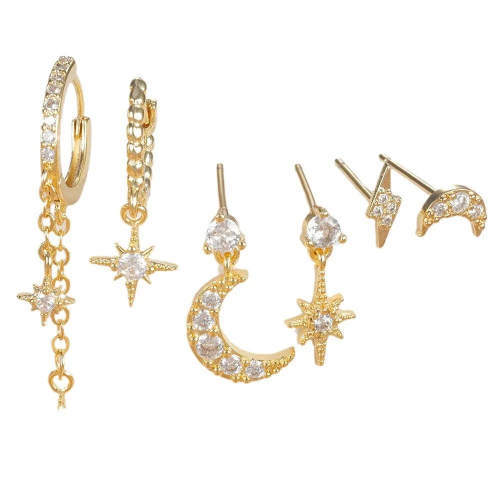 XINGX gold electroplated chain tassel earrings with zircon studs, six-piece set showing three complete pairs