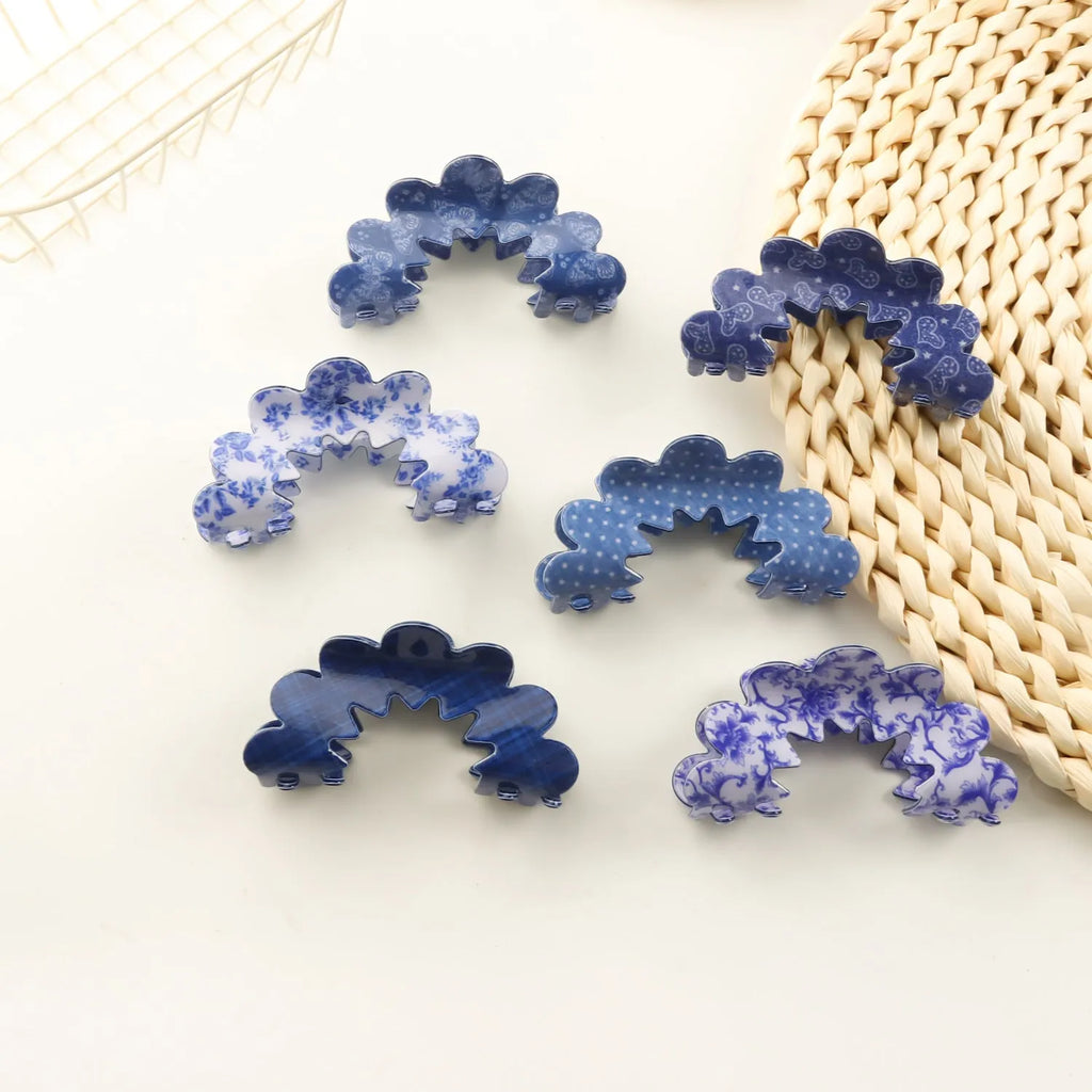PVC hair clip barrettes for women back head asymmetric natural style blue series multicolour patterns