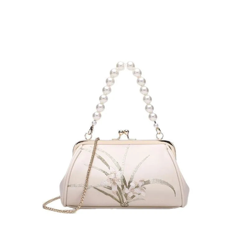 Beige PU women's embroidered shell shape shoulder bag for casual wear