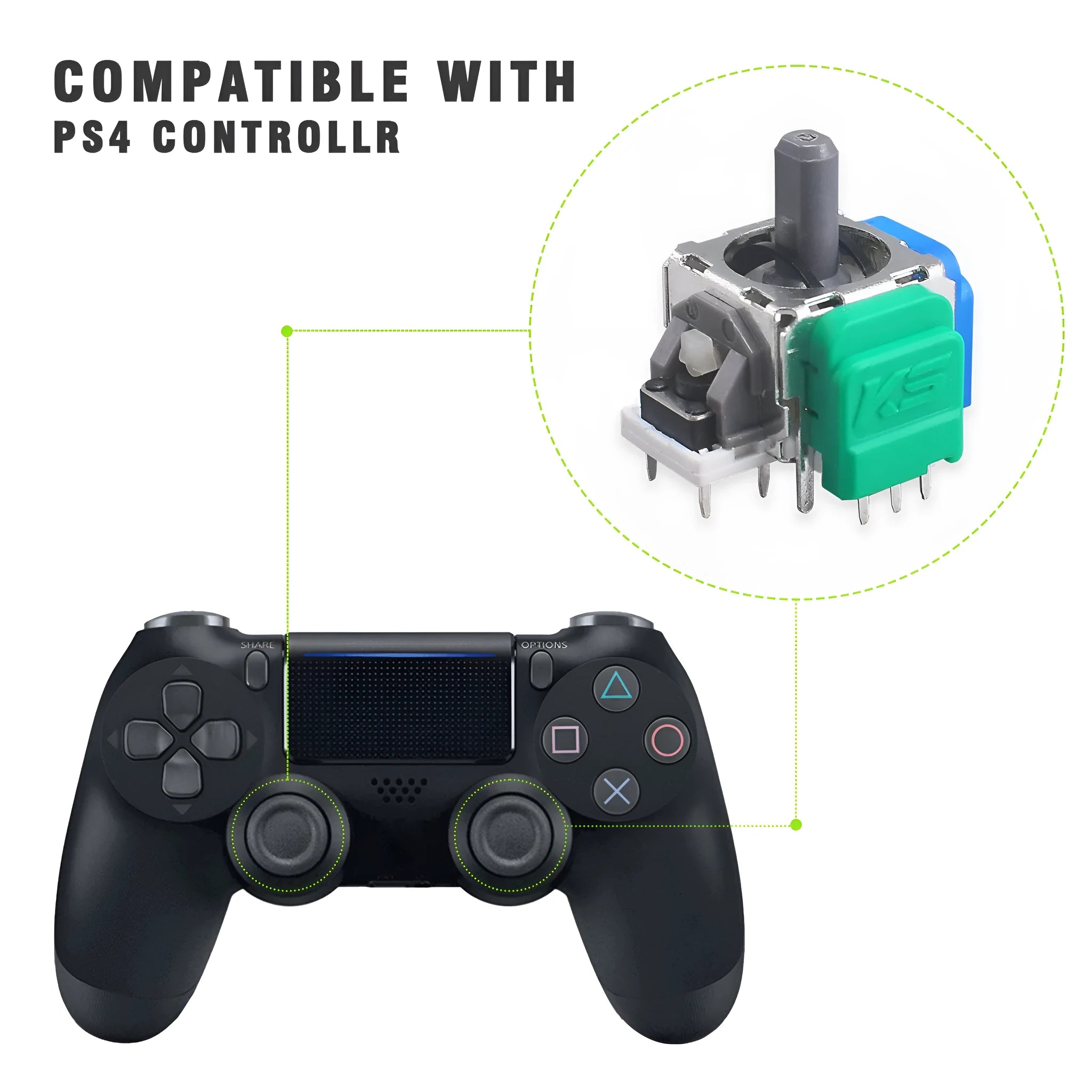 Close-up of a black Hall effect electromagnetic rocker joystick replacement component for PS5, PS4, Xbox and Switch controllers.