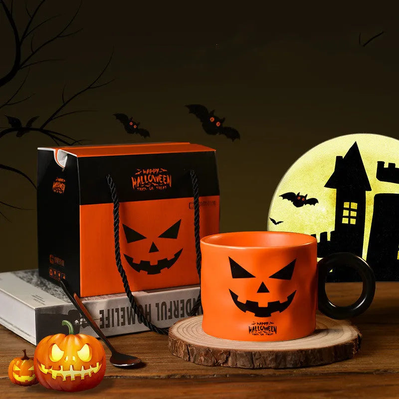 Halloween pumpkin ceramic mug with handle, spoon, and gift box in orange or white