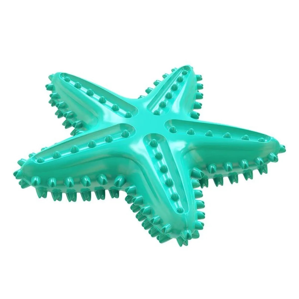 Blue starfish-shaped TPR dog chew toy with textured surfaces for dental cleaning