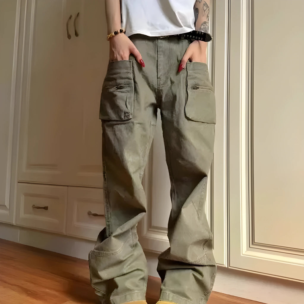 Green casual trousers with double zipper workwear design and elastic waistband
