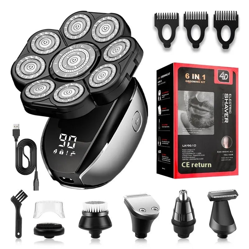 Black 6-in-1 rechargeable hair clipper and shaver kit with attachments including lifting combs, laid out on a surface.