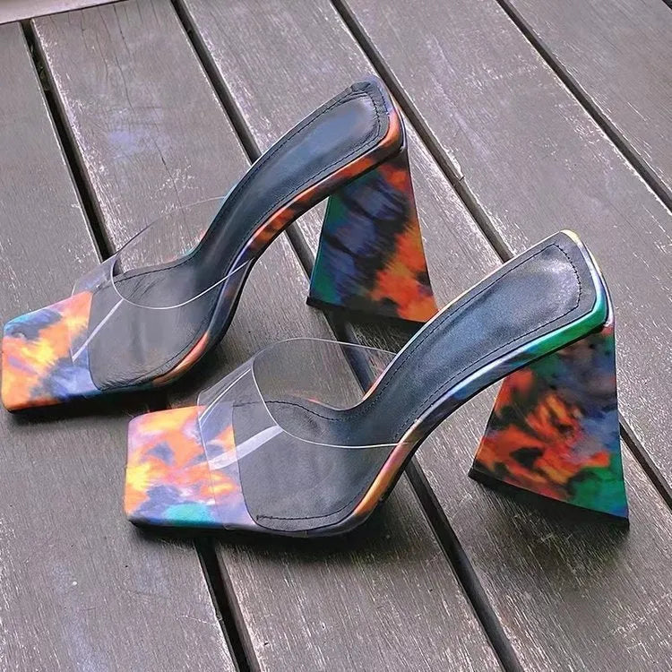 Women's solid colour square toe thick high heel slippers in black, shown on a white background.