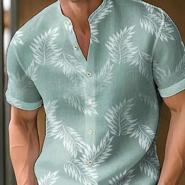 Men's printed casual short sleeve shirt on a hanger, showing one of eight available colour options.