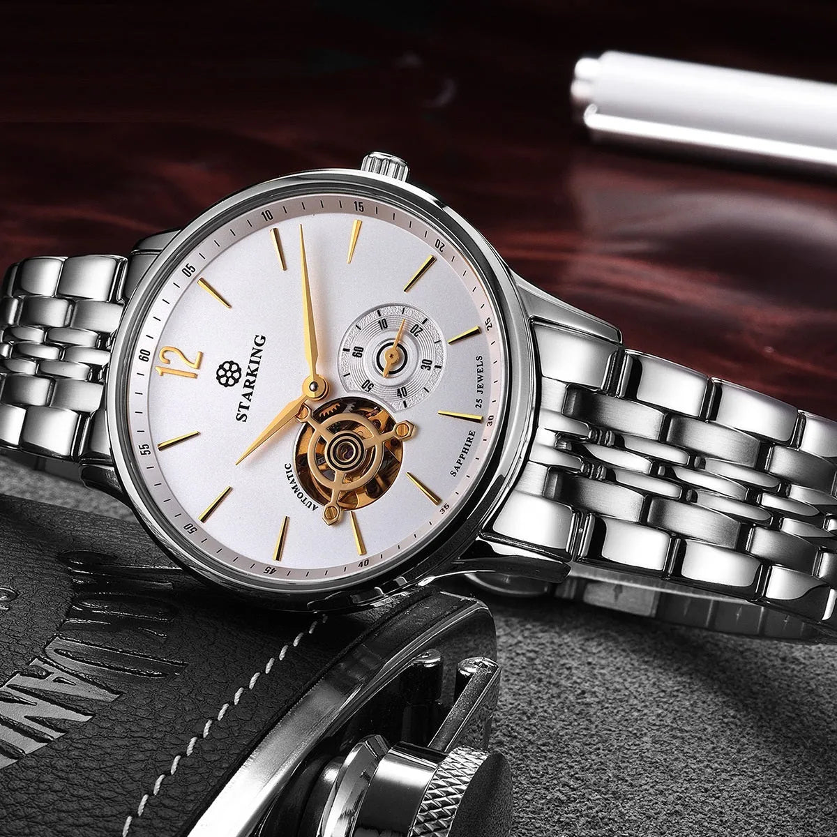 Automatic mechanical men's watch with brown leather strap and stainless steel case