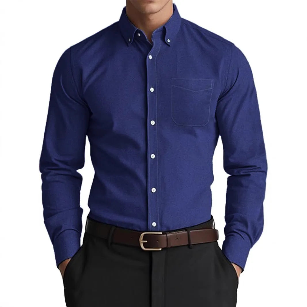 Men's Oxford pure colour casual loose shirt in linen cotton blend, cardigan style, solid colour, relaxed fit for work
