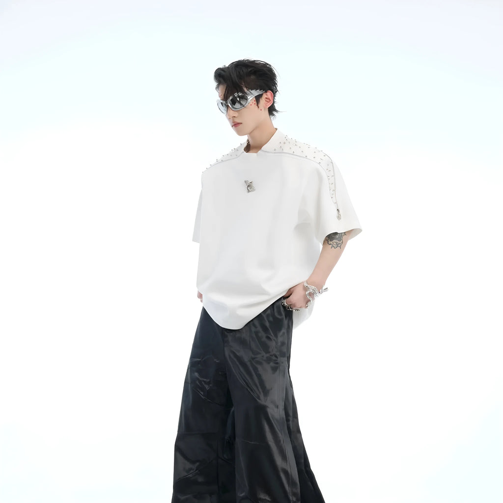 White loose fit short sleeve t-shirt with rhinestone metal zipper patchwork detailing for women