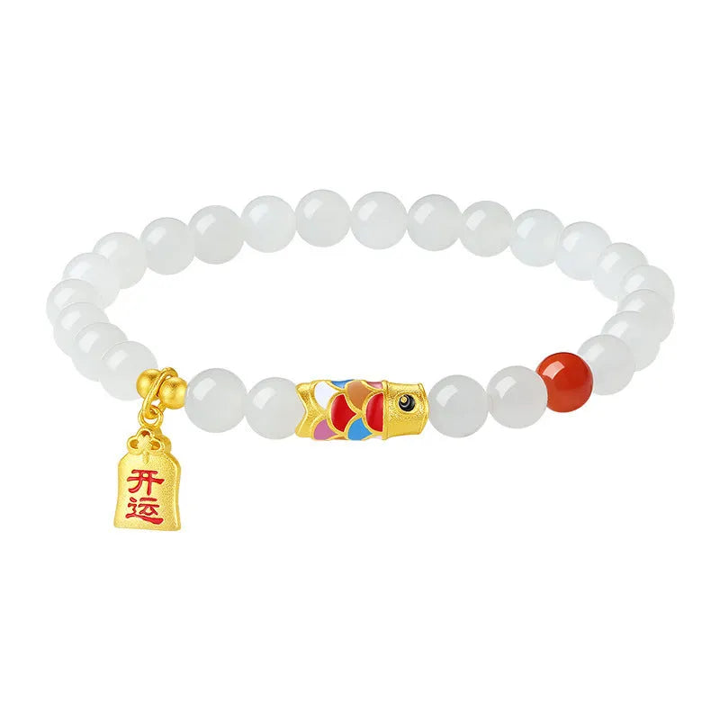 S925 sterling silver bracelet with natural Hetian jade and cold enamel koi fish design
