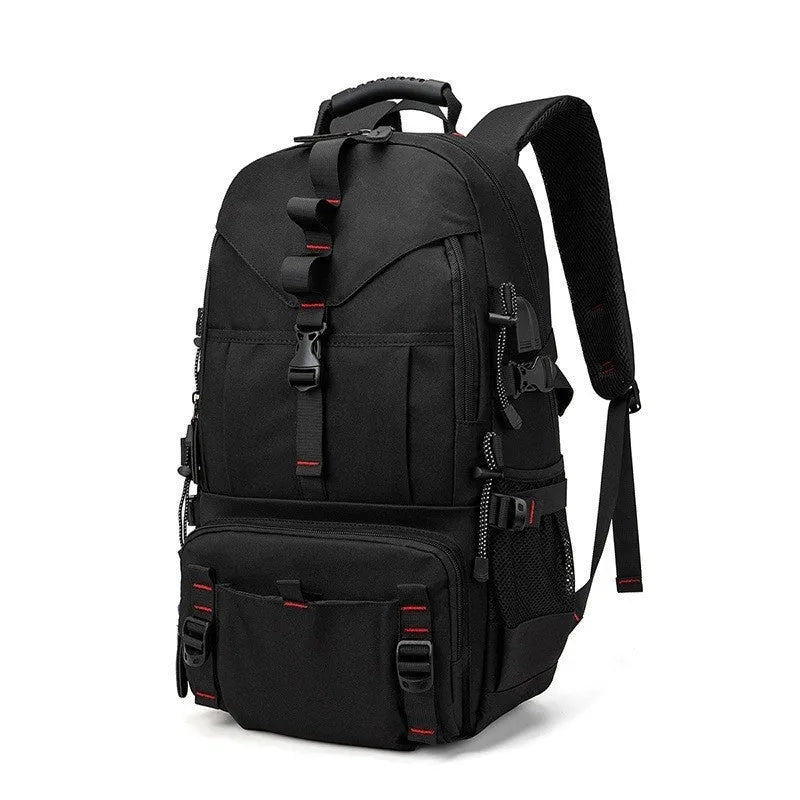 Men's large waterproof hiking backpack in Oxford cloth with air cushion back system, shown in a camouflage colour variant.