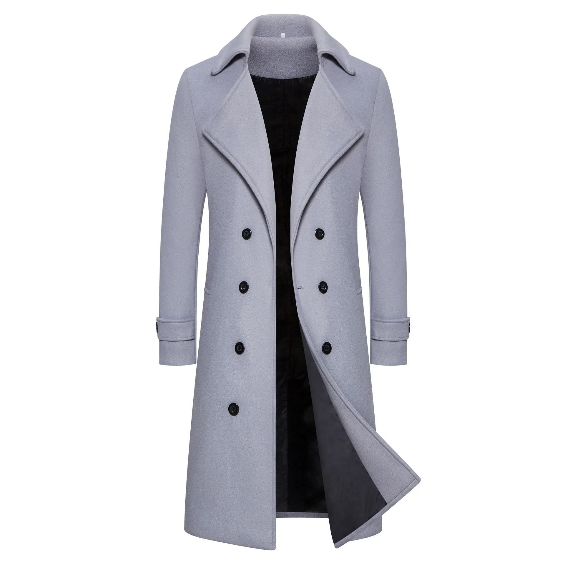 Men's long double breasted trench coat in khaki with side seam pockets, slim fit, cotton blend, sizes M to 5XL