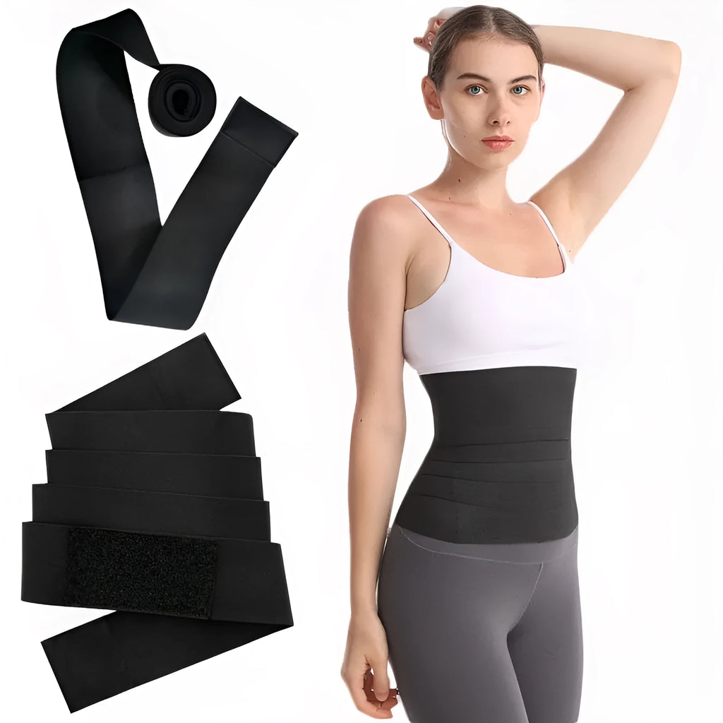 A long roll of a black latex silk waist trainer restraint belt, showing its 10cm width, laid flat.