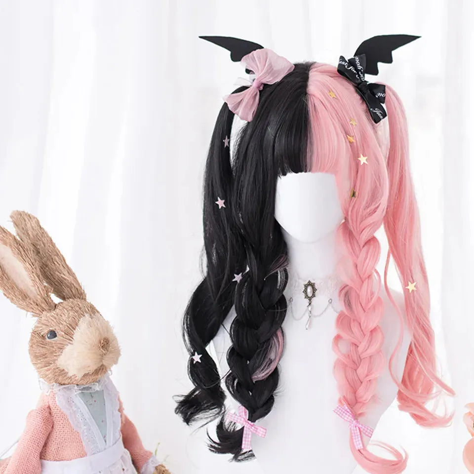 Harajuku Lolita cosplay wig with long black pink curly hair and bangs