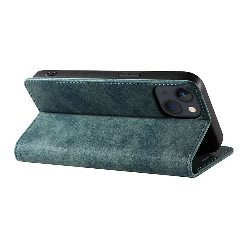 Magnetic flip leather phone case for iPhone in assorted solid colours, showing closed and open views.