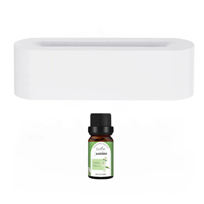 White square ultrasonic flame aroma diffuser and humidifier with LED light on a table.