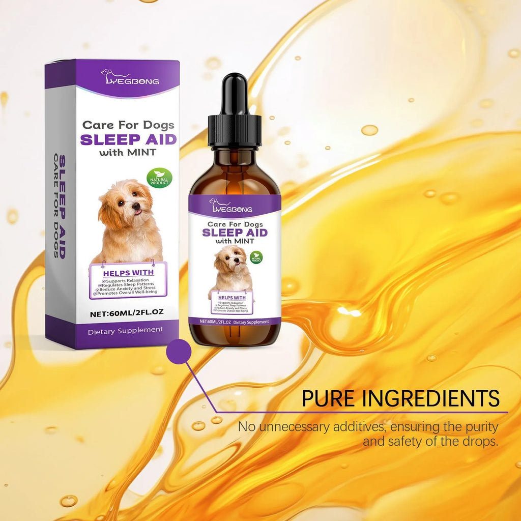 60ml bottle of Dog Sleep Drops for pets, measuring 3.3cm by 12cm.