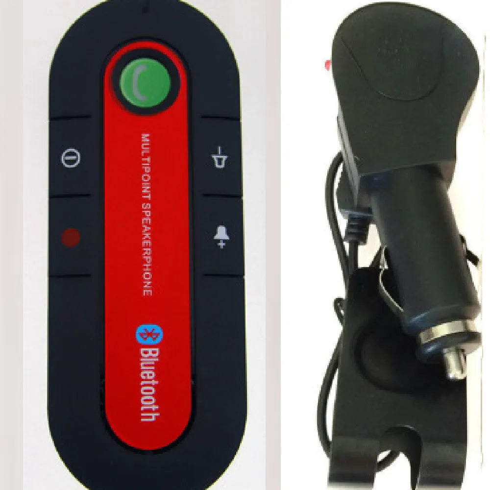 Car Bluetooth handsfree unit mounted on sun visor with charger and cable