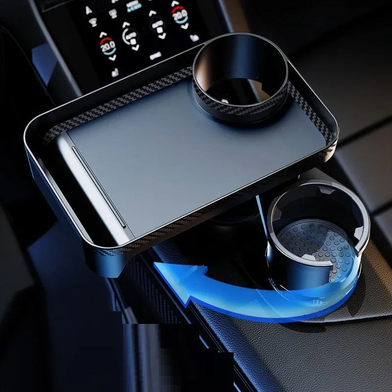 Black car cup holder with 360-degree rotating dinner tray placed in vehicle cup holder