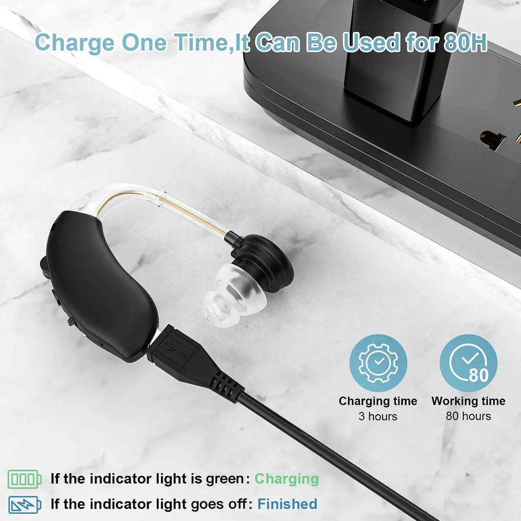 Black behind-the-ear hearing aid with noise reduction, USB rechargeable, 60W power