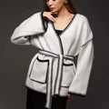 Lace-up knitted cardigan loose mid-length sweater coat in black white camel cotton blend free size