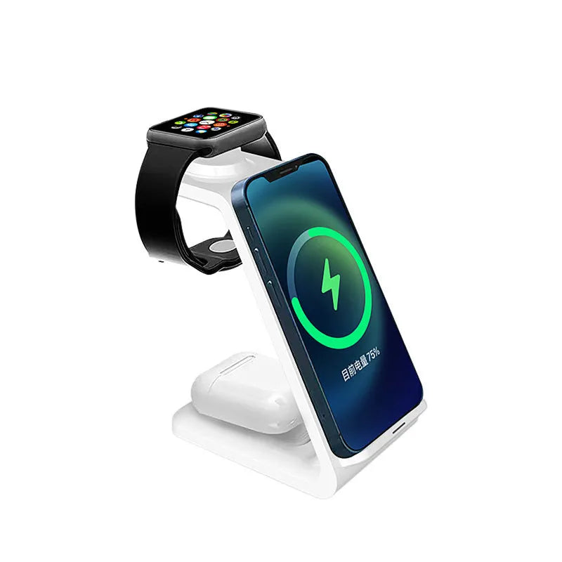 White 3-in-1 upright wireless charger and phone holder on a desk with a mobile phone charging.