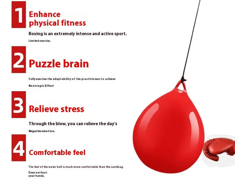 Red water-filled boxing reaction ball with hook rope for martial arts training