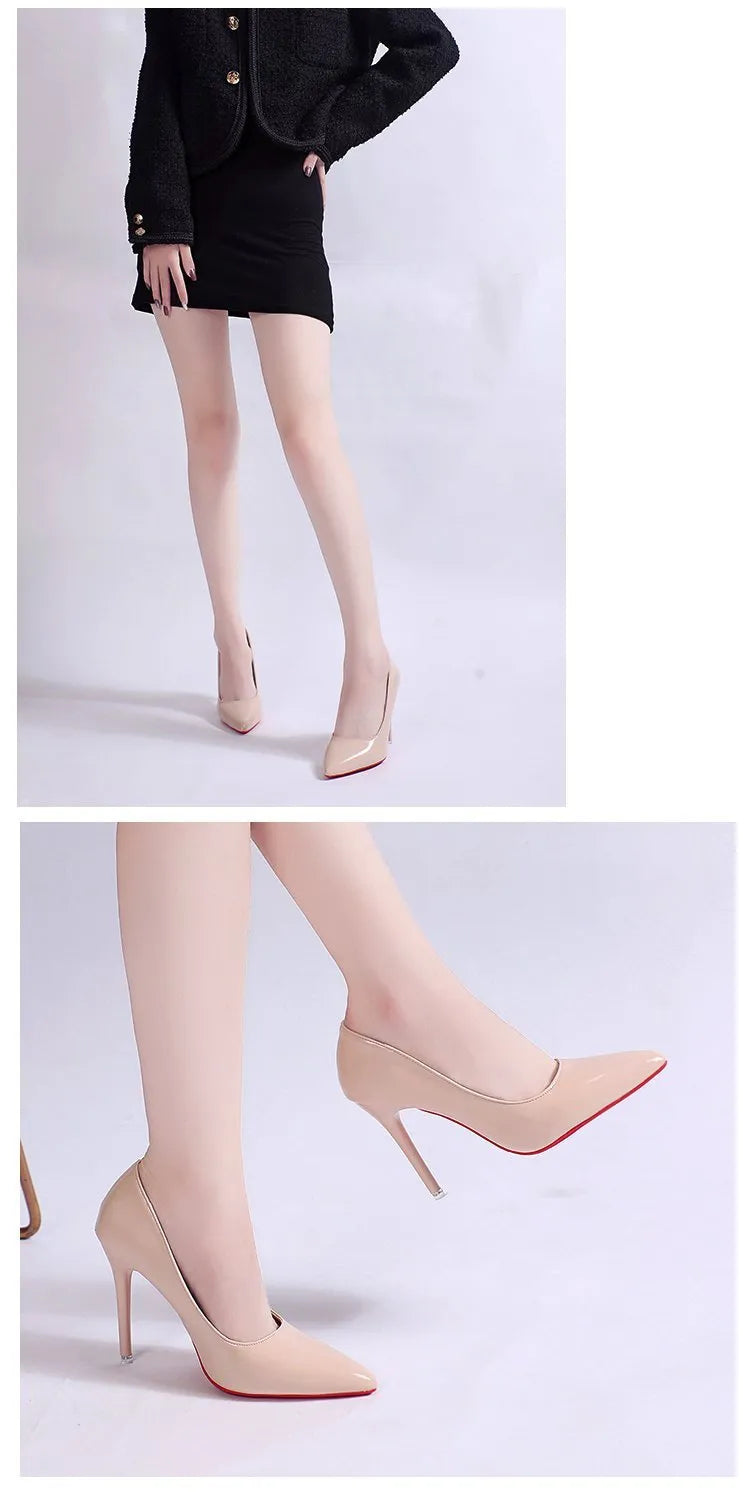 Women's black stiletto heel pump with pointed toe and shallow mouth opening on a white background.