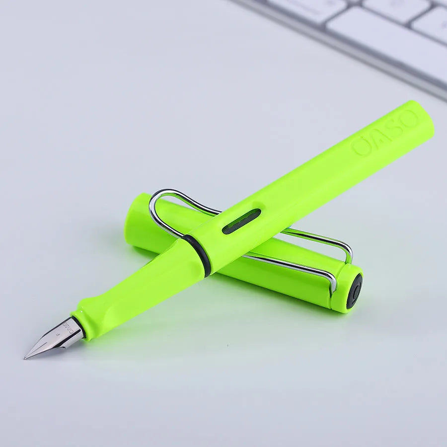 Ink sac pen with 0.5mm steel nib in red, yellow, green, blue or black plastic body