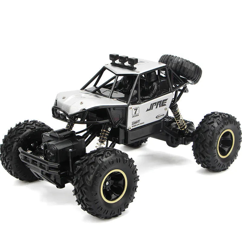 Large black 4WD remote control climbing car and smaller silver high-speed model with 2.4G remote.