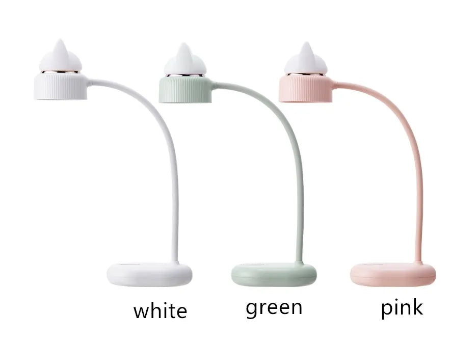 White clip-on LED desk lamp with a modern design, showing the touch control and built-in battery.