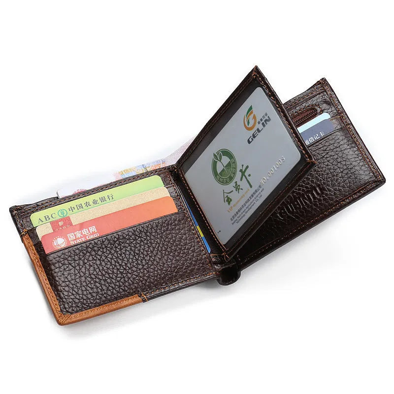 Korean-style cowhide leather wallet with car stitching showing bill holder, card slots, and zipper compartment