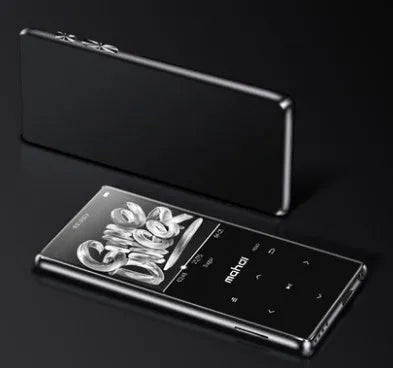 Silver portable MP3 player with a 2.4-inch touch screen showing music playback interface.