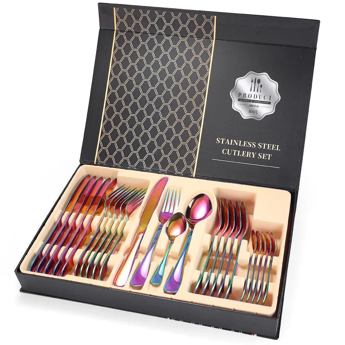 24 piece 18/10 stainless steel cutlery set with knife fork and spoon in black finish