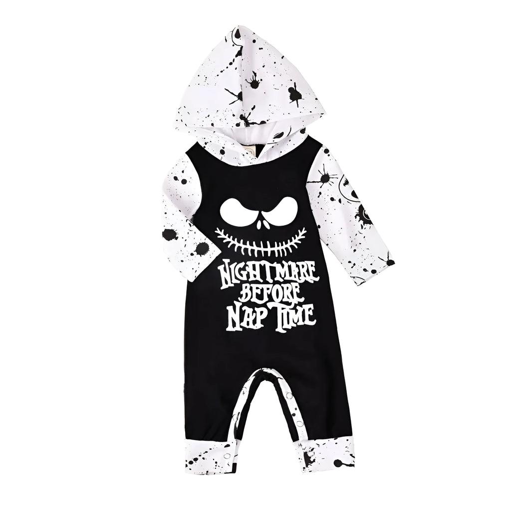 Halloween romper in black cotton with long sleeves and attached hood, shown on a neutral mannequin