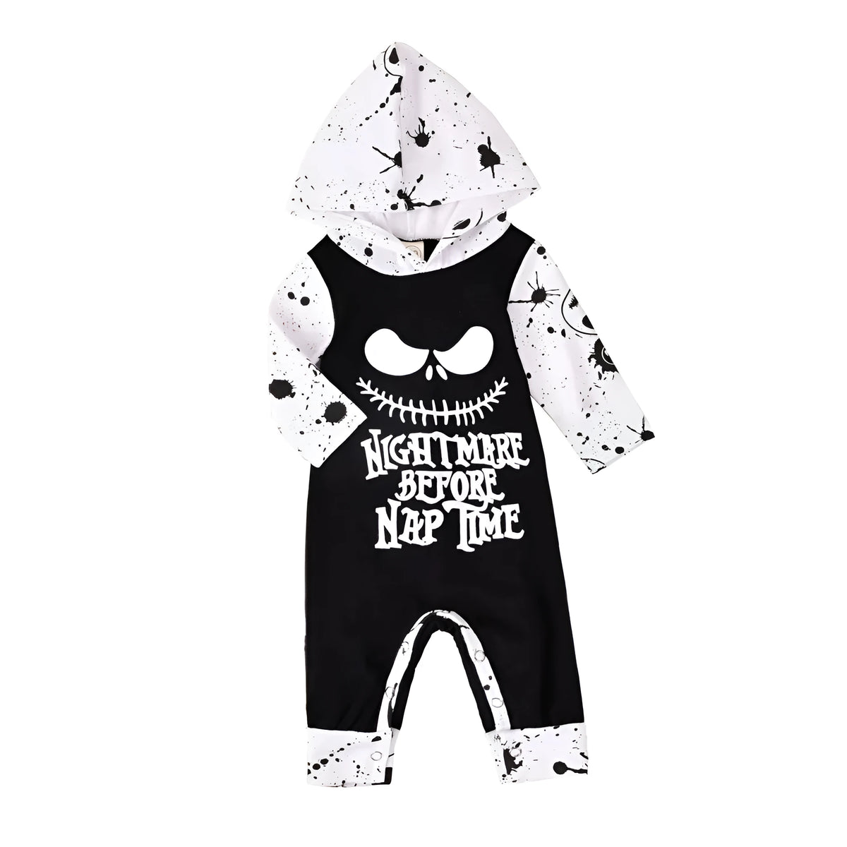 Halloween romper in black cotton with long sleeves and attached hood, shown on a neutral mannequin