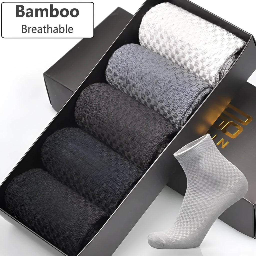 Men's bamboo fibre socks in a small square pattern, shown in navy blue colour.