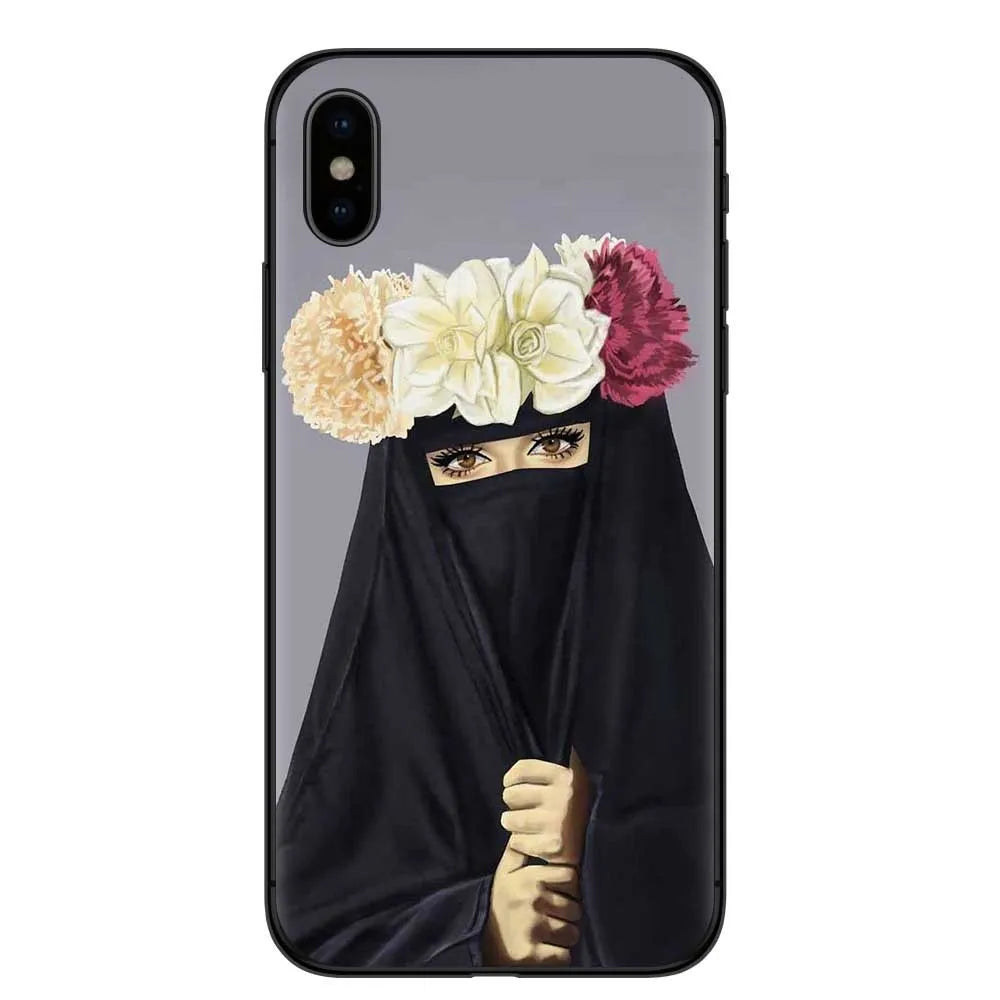 Islamic hijab veil design iPhone case with rhinestone and floral patterns on a flexible TPU back cover.